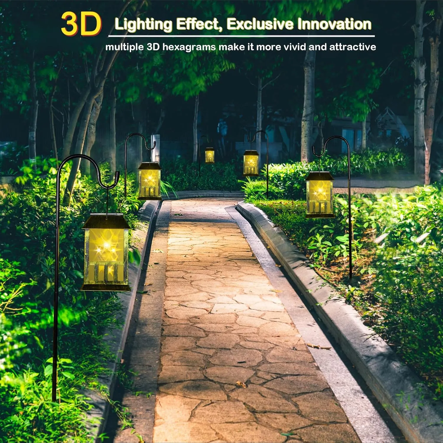 Solar Lanterns Outdoor Waterproof, 3D Star Light with Flashing Mode, Solar & USB C Charging, Metal Hanging Lantern for Wall Landscape Yard Patio Driveway Garden Decor, Warm Light 2 Pack