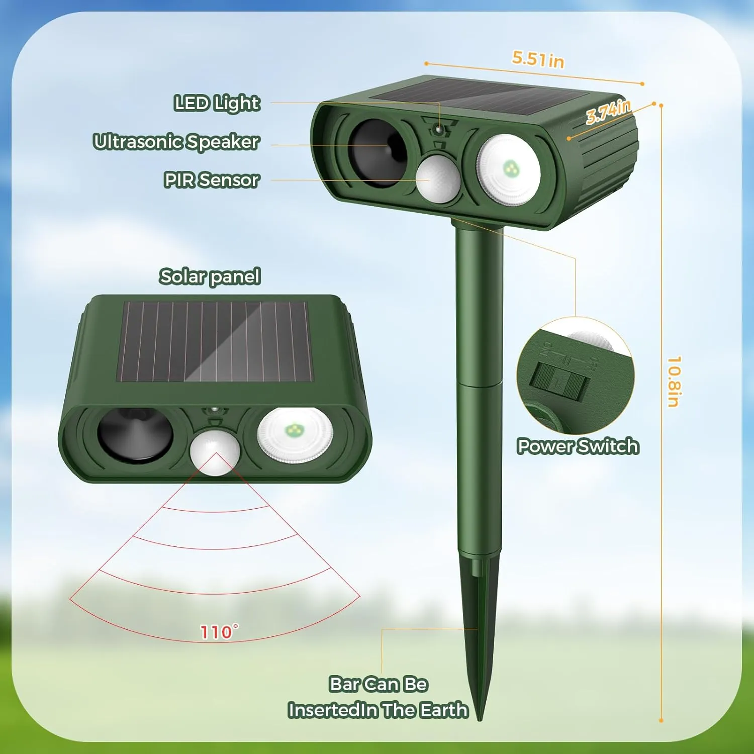 Solar Ultrasonic Animal Repellent Outdoor, Cat Squirrel Raccoon Bird Dog Deer Repellent Devices Motion Detection, Waterproof Mouse Skunk Rabbit Rodent Deterrent for Yard Farm Garden 2 Pack