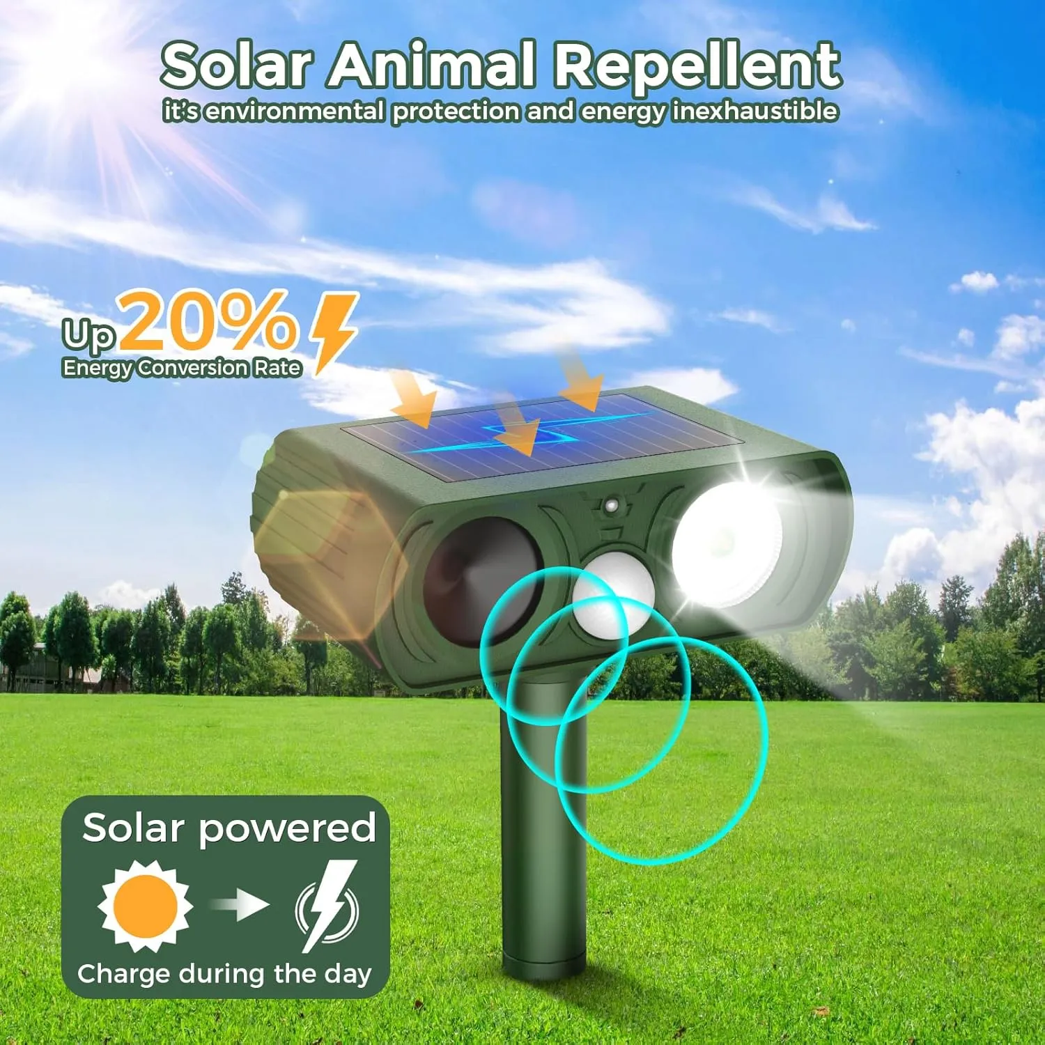 Solar Ultrasonic Animal Repellent Outdoor, Cat Squirrel Raccoon Bird Dog Deer Repellent Devices Motion Detection, Waterproof Mouse Skunk Rabbit Rodent Deterrent for Yard Farm Garden 2 Pack