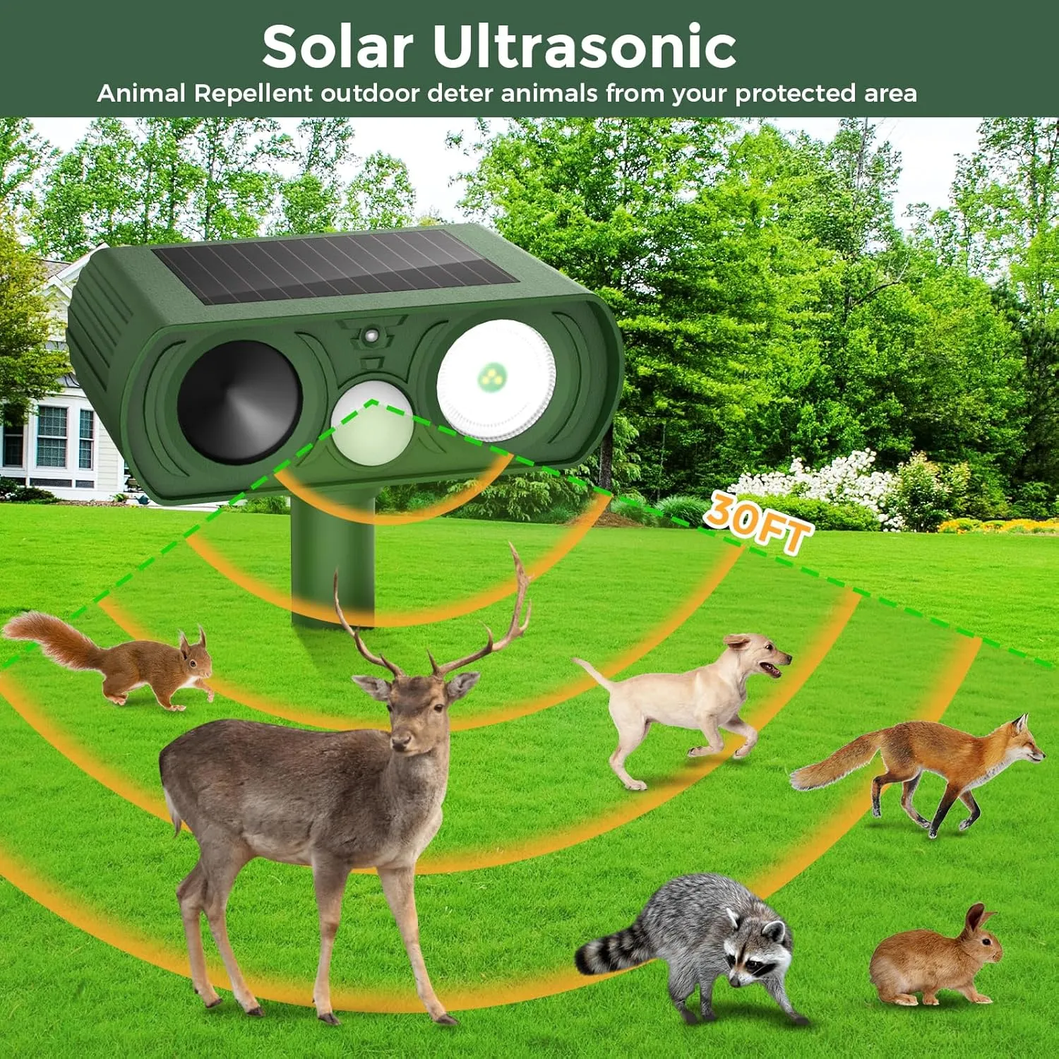 Solar Ultrasonic Animal Repellent Outdoor, Cat Squirrel Raccoon Bird Dog Deer Repellent Devices Motion Detection, Waterproof Mouse Skunk Rabbit Rodent Deterrent for Yard Farm Garden 2 Pack