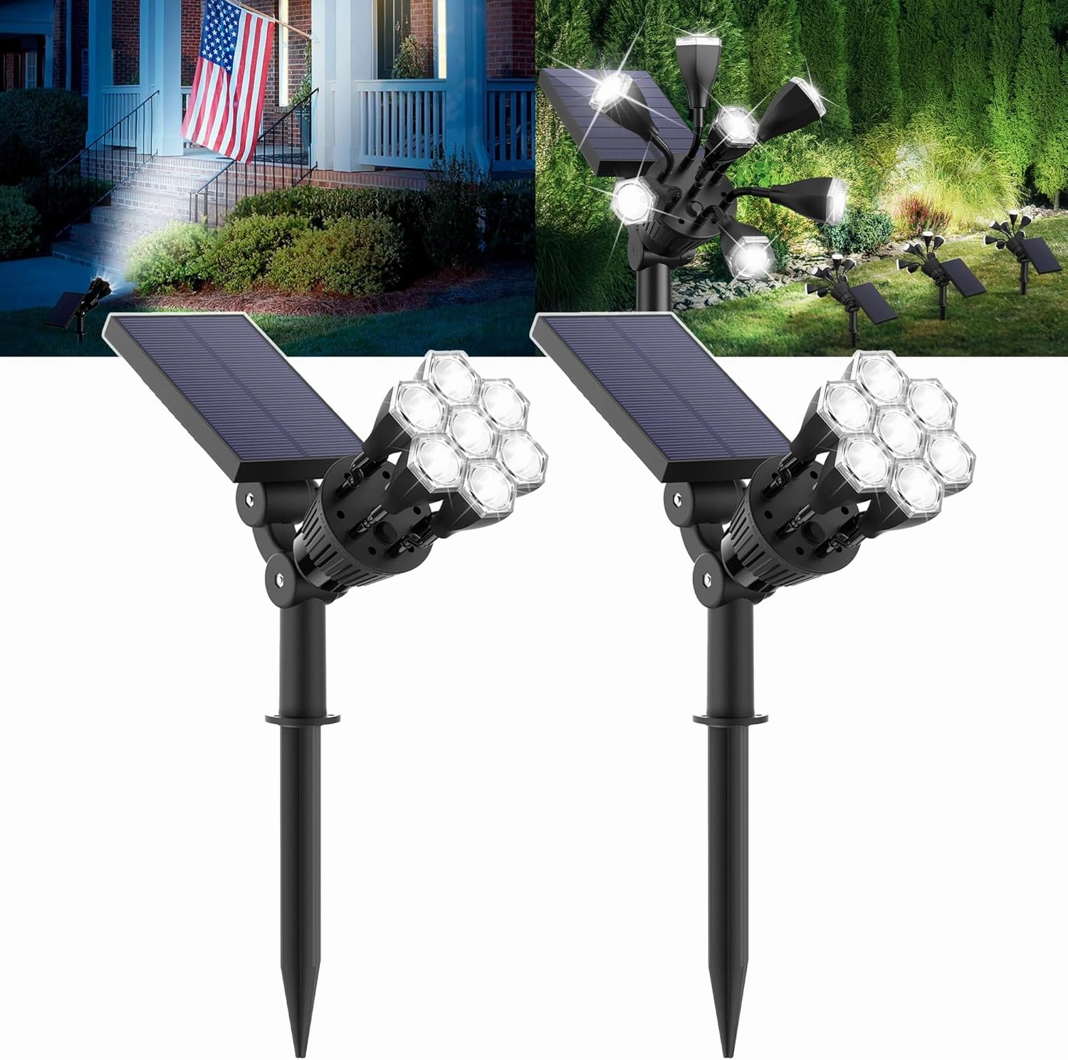 Solar Lights Outdoor Waterproof IP68, 360° Adjustable 4 Modes Solar Powered Spot Lights for Yard Garden Landscape, Bright Led Flood Lightings for Outside Wall Tree House Pathway (Cold White/2 Pack)