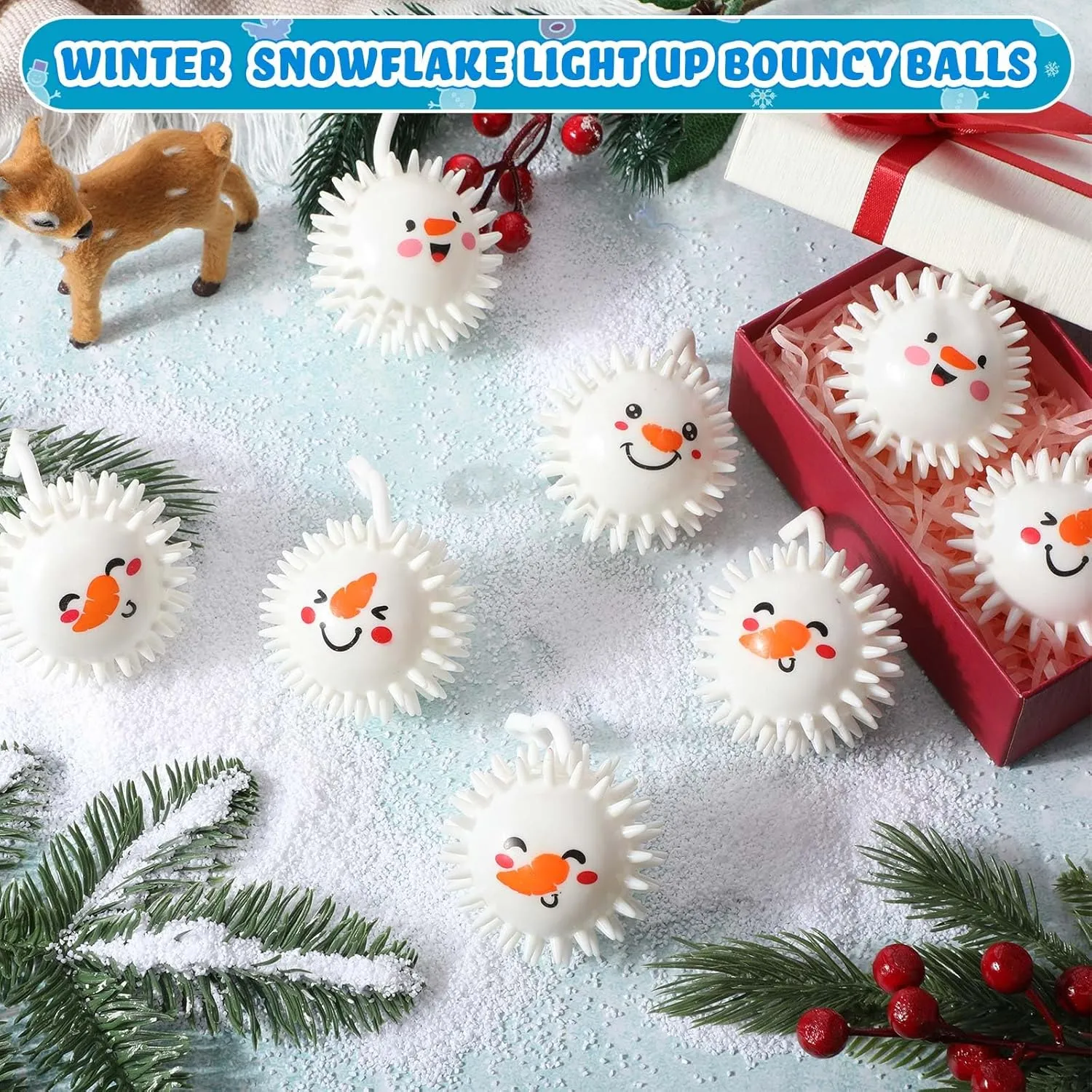 Sotiff 40 Pcs 2.5 Inch Christmas Light up Spiky Ball LED Snowman Bouncy Flashing Squeaky Stress Relief Ball with Rope Rubber Sensory Toy for Winter Christmas Glow in Dark Party Favors