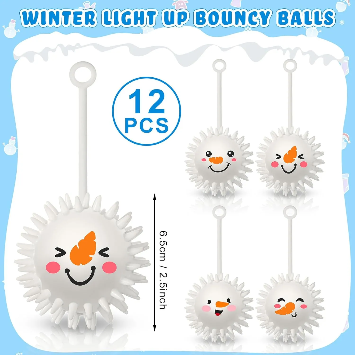 Sotiff 40 Pcs 2.5 Inch Christmas Light up Spiky Ball LED Snowman Bouncy Flashing Squeaky Stress Relief Ball with Rope Rubber Sensory Toy for Winter Christmas Glow in Dark Party Favors