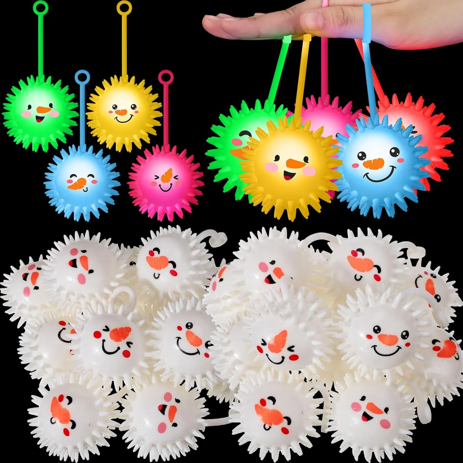 Sotiff 40 Pcs 2.5 Inch Christmas Light up Spiky Ball LED Snowman Bouncy Flashing Squeaky Stress Relief Ball with Rope Rubber Sensory Toy for Winter Christmas Glow in Dark Party Favors