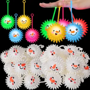 Sotiff 40 Pcs 2.5 Inch Christmas Light up Spiky Ball LED Snowman Bouncy Flashing Squeaky Stress Relief Ball with Rope Rubber Sensory Toy for Winter Christmas Glow in Dark Party Favors