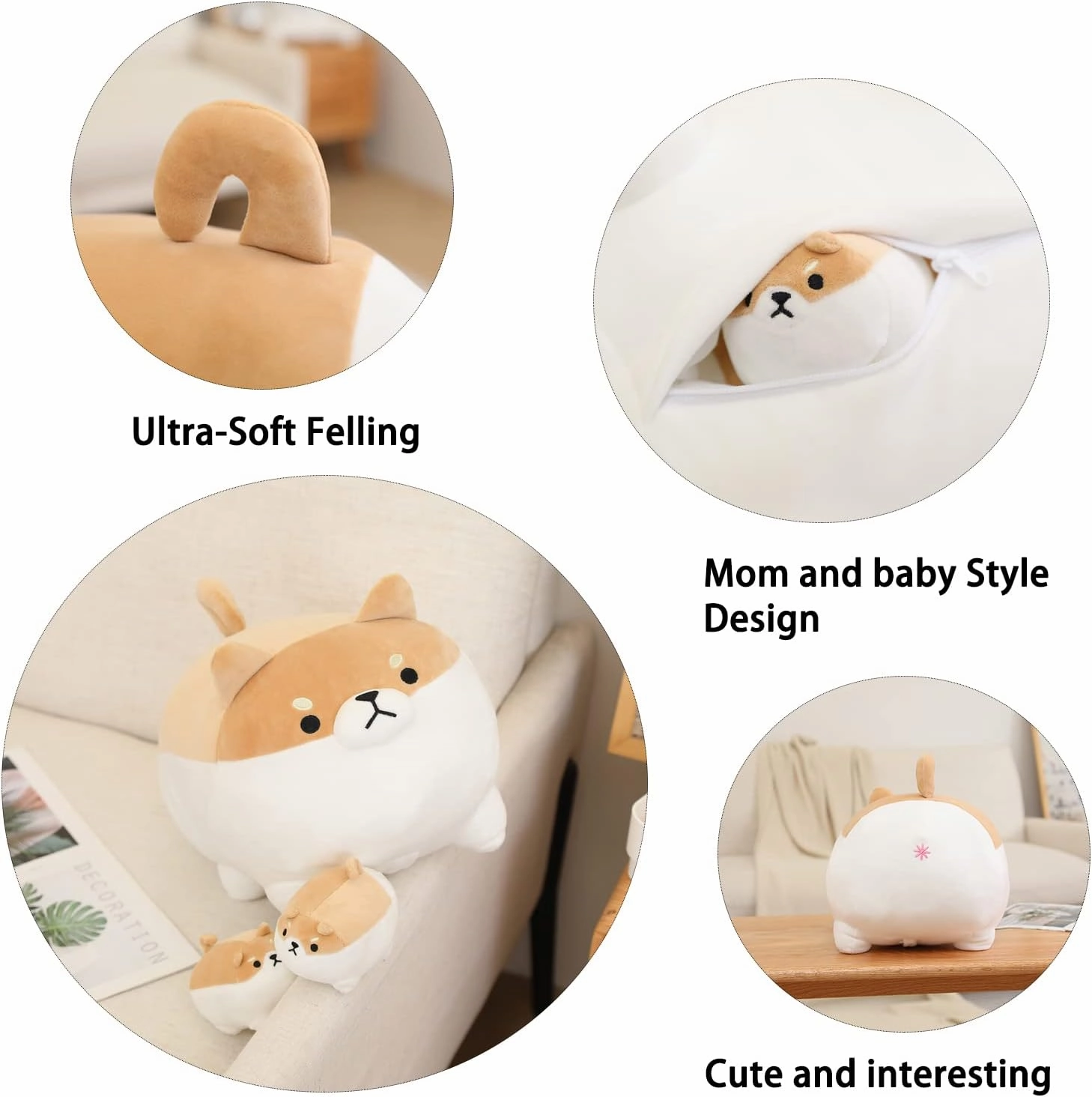 SQEQE Stuffed Animal Shiba Inu Plush Toy with 4 Baby Shiba Inu Plushies in her Tummy, Stuffed Cotton Plush Animal Toy Gift for Kids