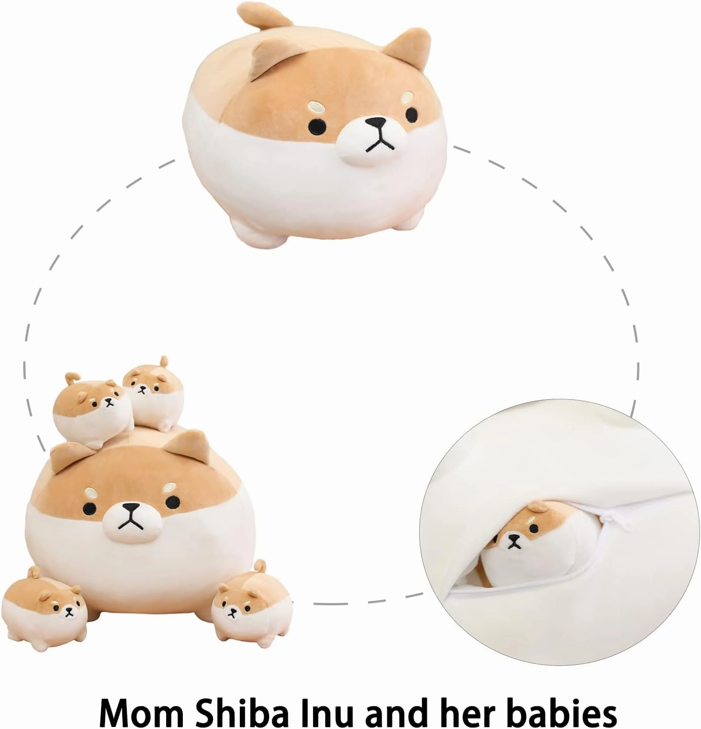 SQEQE Stuffed Animal Shiba Inu Plush Toy with 4 Baby Shiba Inu Plushies in her Tummy, Stuffed Cotton Plush Animal Toy Gift for Kids