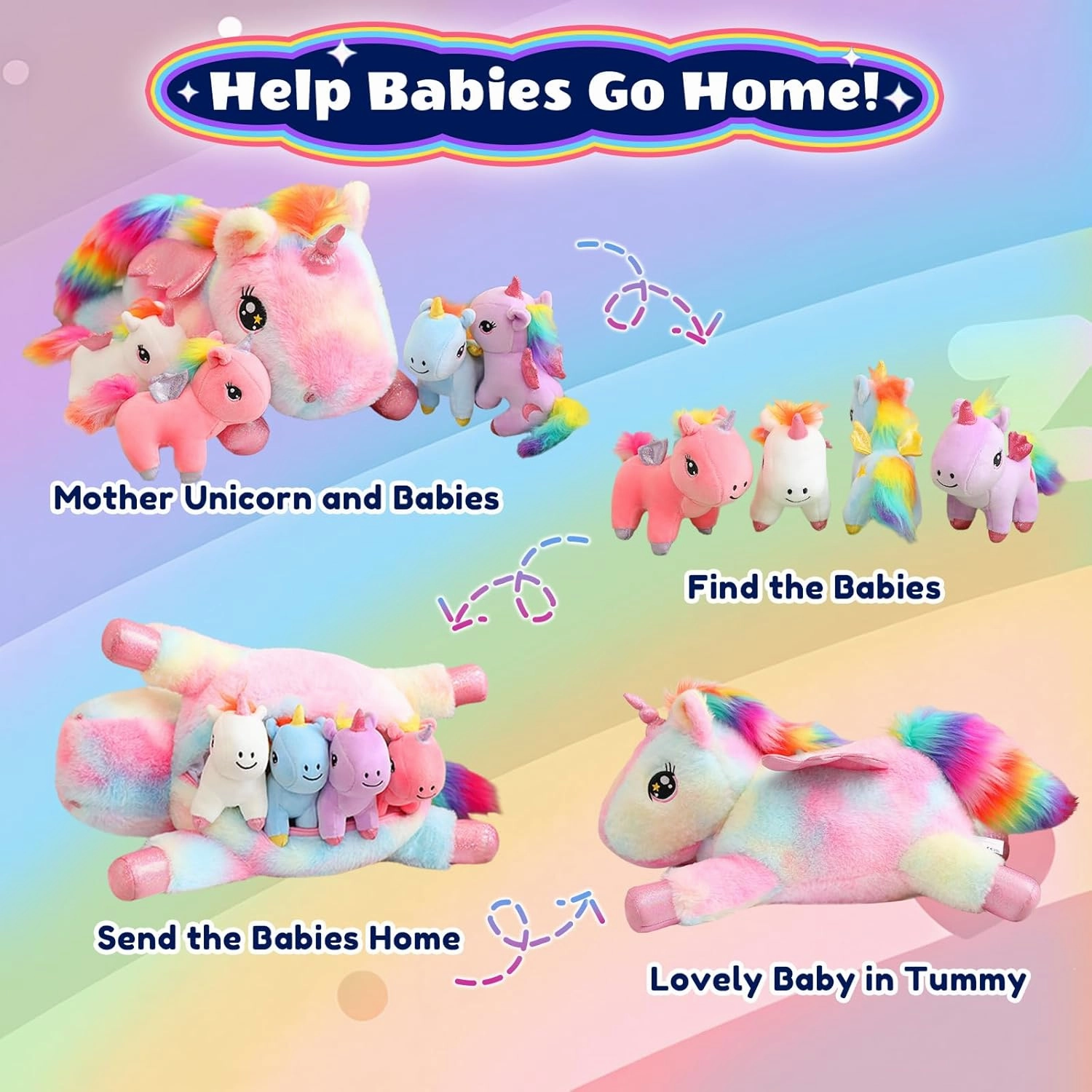 SQEQE Unicorn Mommy Stuffed Animal with 4 Baby Unicorns, Super Soft Cartoon Hugging Toy Gifts for Girls Boys Birthday