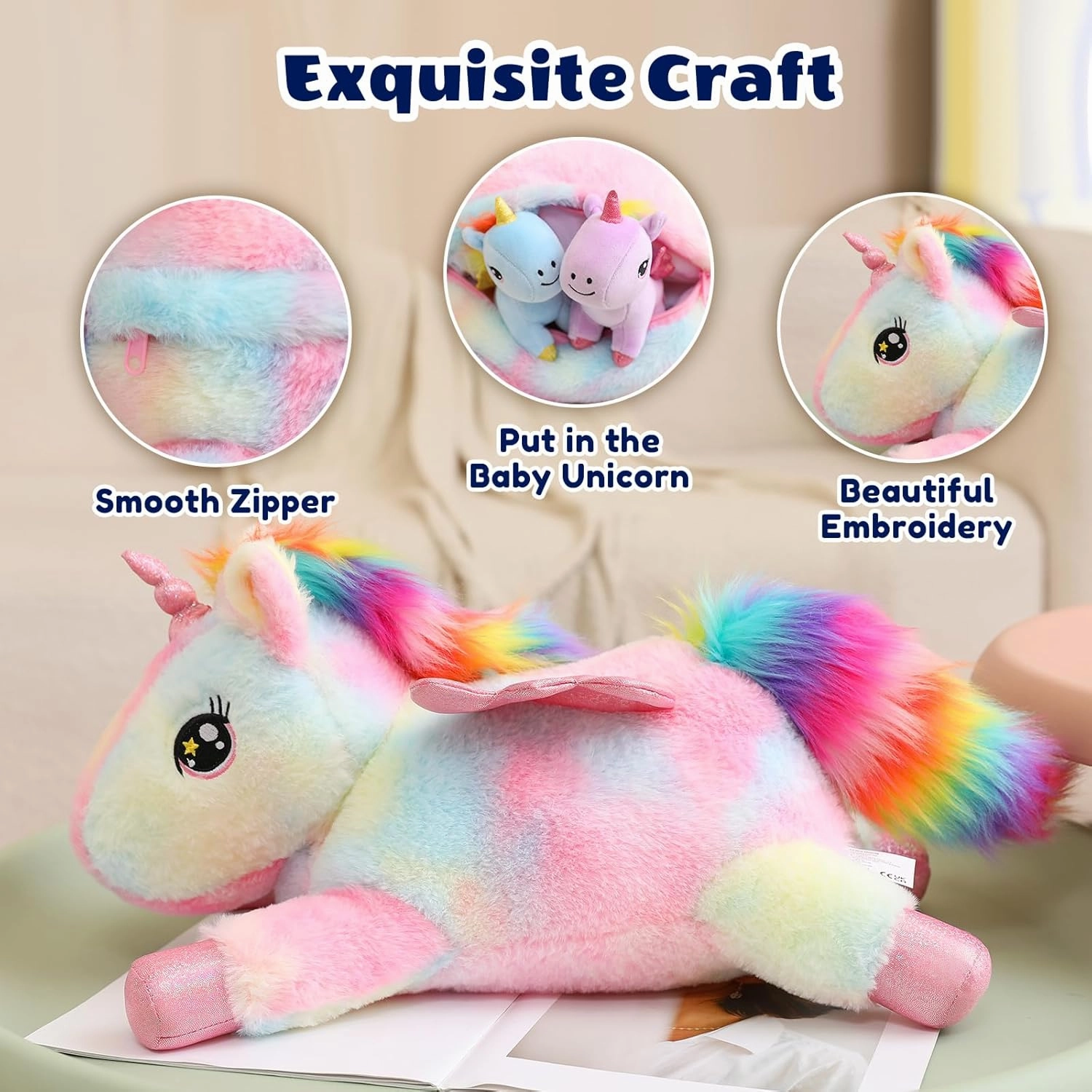 SQEQE Unicorn Mommy Stuffed Animal with 4 Baby Unicorns, Super Soft Cartoon Hugging Toy Gifts for Girls Boys Birthday