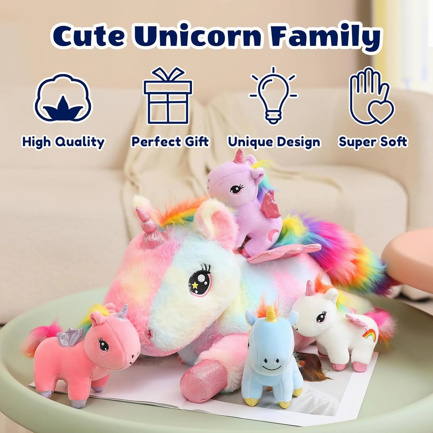 SQEQE Unicorn Mommy Stuffed Animal with 4 Baby Unicorns, Super Soft Cartoon Hugging Toy Gifts for Girls Boys Birthday