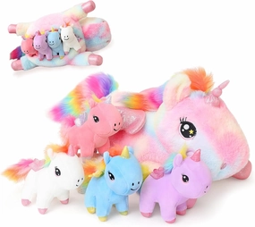 SQEQE Unicorn Mommy Stuffed Animal with 4 Baby Unicorns, Super Soft Cartoon Hugging Toy Gifts for Girls Boys Birthday