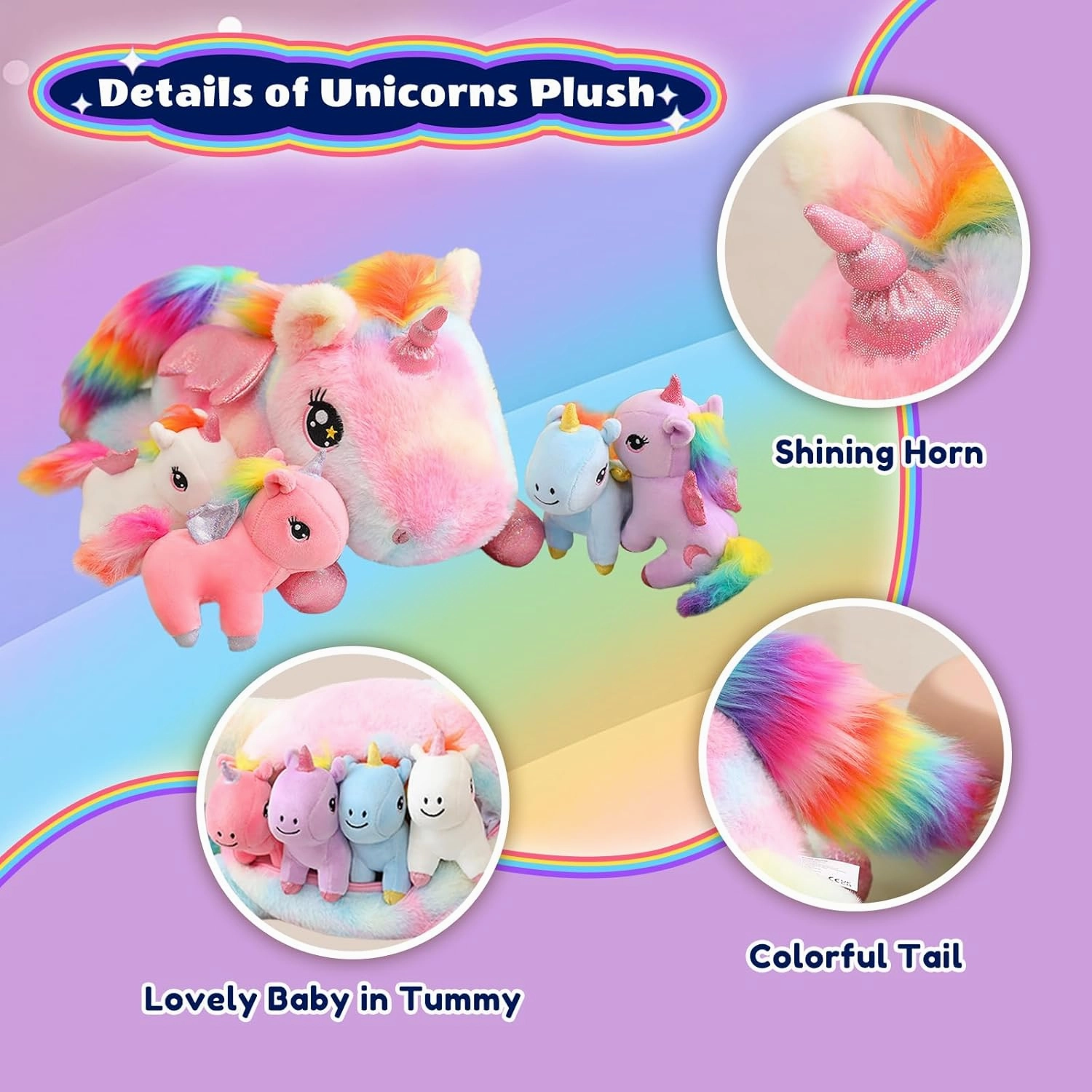 SQEQE Unicorn Mommy Stuffed Animal with 4 Baby Unicorns, Super Soft Cartoon Hugging Toy Gifts for Girls Boys Birthday