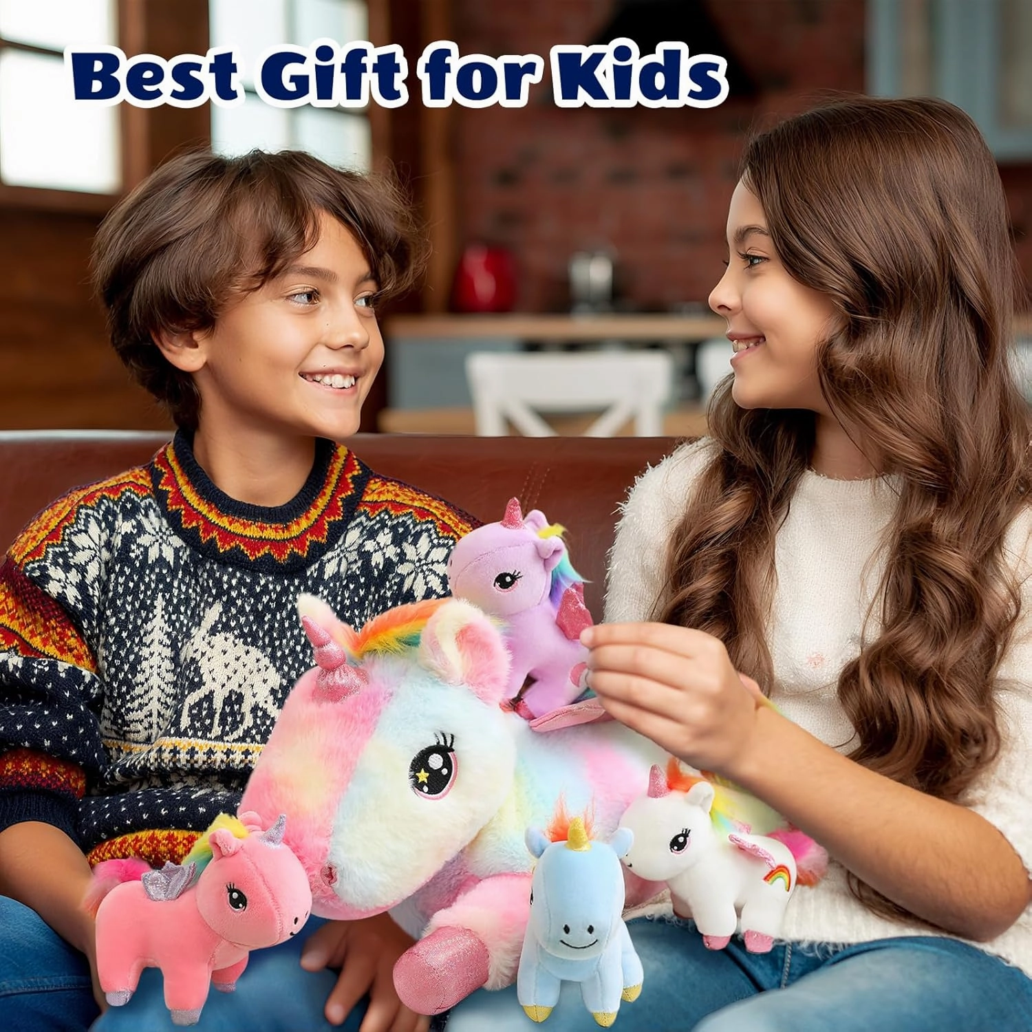SQEQE Unicorn Mommy Stuffed Animal with 4 Baby Unicorns, Super Soft Cartoon Hugging Toy Gifts for Girls Boys Birthday