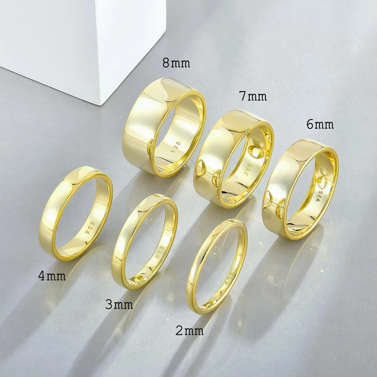 STARCHENIE 18K Gold Plated Ring for Men Women Solid 925 Sterling Silver 2MM 3MM 4MM 5MM 7MM 8MM Wedding Band Comfort Fit High Polish