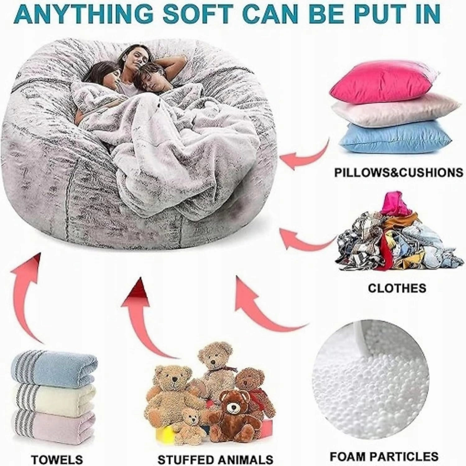 Storage Bean Bag Chair Cover(No Filler) For Organizing Plush Toys Or Textile，Pv Fleece Washable Large Bean Bag Chairs Cover For Adults For Living Room Bedroom Furniture (Light grey, 7FT)
