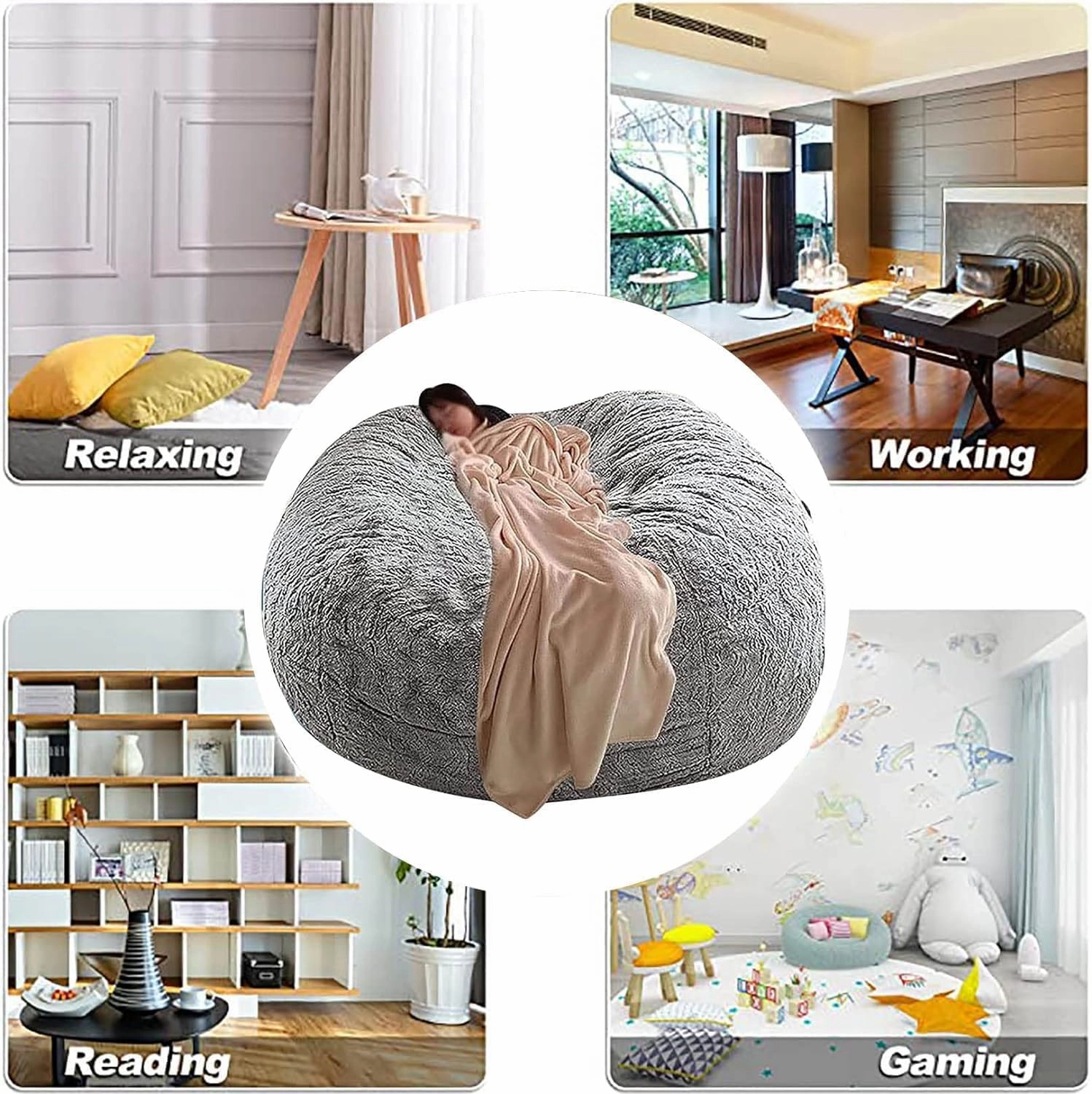 Storage Bean Bag Chair Cover(No Filler) For Organizing Plush Toys Or Textile，Pv Fleece Washable Large Bean Bag Chairs Cover For Adults For Living Room Bedroom Furniture (Light grey, 7FT)