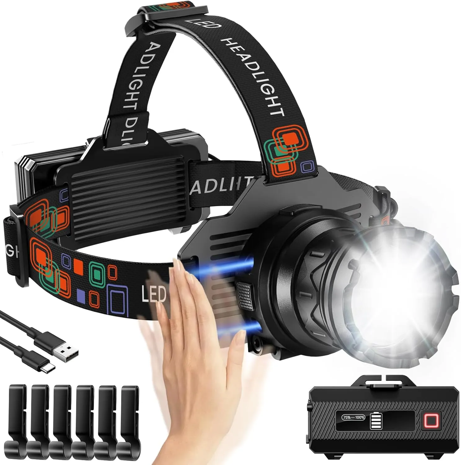 Super Bright 3000LM Headlamp with Motion Sensor, 9 Modes, 90° Zoomable & Adjustable, IPX7 Waterproof for Adults - Ideal for Fishing and Camping