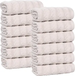 Superior Zuma Zero Twist Cotton Medium Weight Small Towels, for Kitchen, Bathroom, Shower, Spa, Plush Essentials, Waffle Textured Stripes, Face Towels Washcloths, Set of 12, Silver
