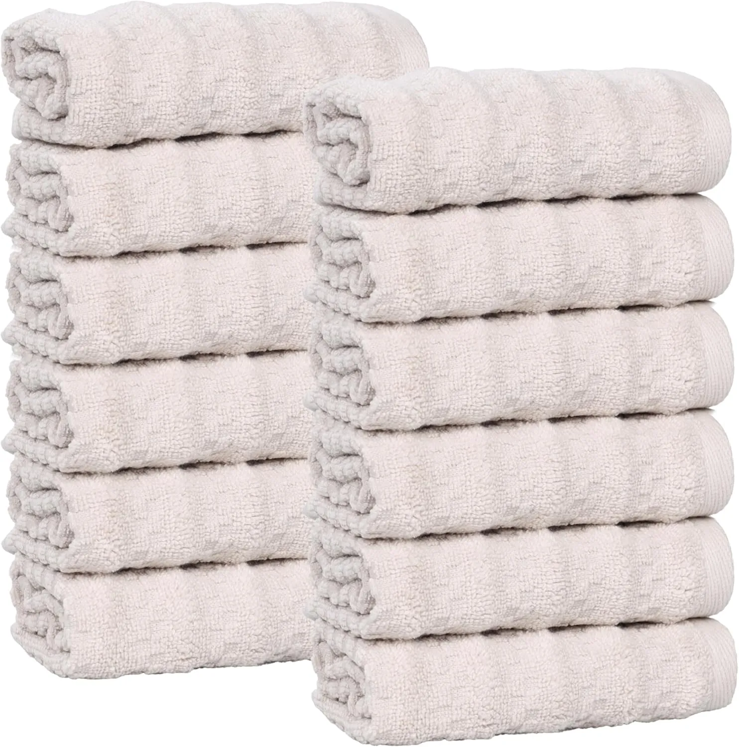 Superior Zuma Zero Twist Cotton Medium Weight Small Towels, for Kitchen, Bathroom, Shower, Spa, Plush Essentials, Waffle Textured Stripes, Face Towels Washcloths, Set of 12, Silver