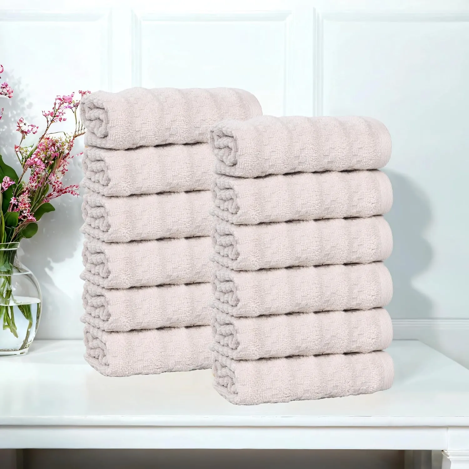 Superior Zuma Zero Twist Cotton Medium Weight Small Towels, for Kitchen, Bathroom, Shower, Spa, Plush Essentials, Waffle Textured Stripes, Face Towels Washcloths, Set of 12, Silver