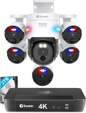Swann 4K UHD Home Security Camera System, 8Ch NVR with 2TB HDD, 6 Indoor Outdoor Bullet & PT IP Cameras, PoE Wired, Video Analytics, 2-Way Audio, Sirens, Color Night Vision, True Detect, 890005B1PT