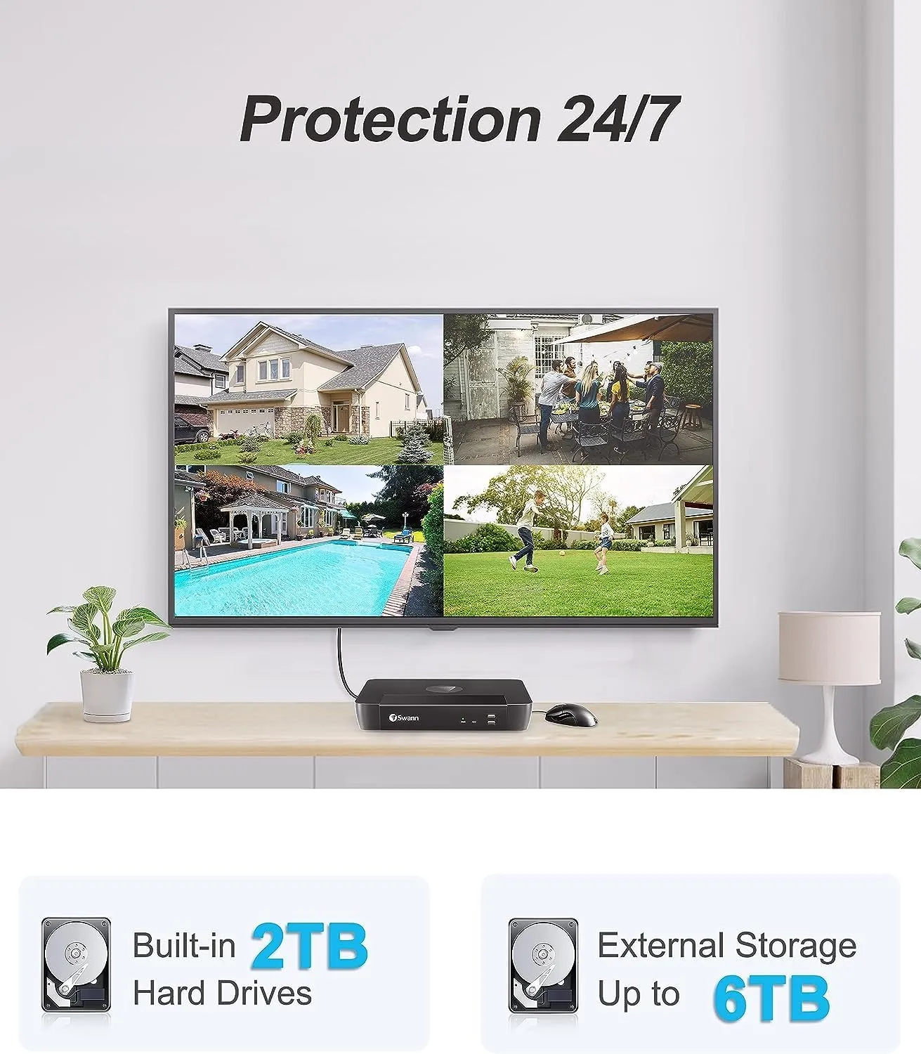 Swann 4K UHD Home Security Camera System, 8Ch NVR with 2TB HDD, 6 Indoor Outdoor Bullet & PT IP Cameras, PoE Wired, Video Analytics, 2-Way Audio, Sirens, Color Night Vision, True Detect, 890005B1PT