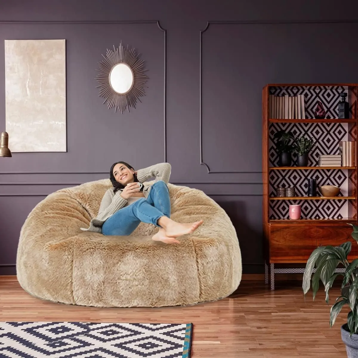 Taotique 6FT Giant Bean Bag Chair Cover (Cover only, No Filler) Soft Faux RH Fur Sofa Bed Washable Bean Bag Couch Cover for Adult and Kids with Liner