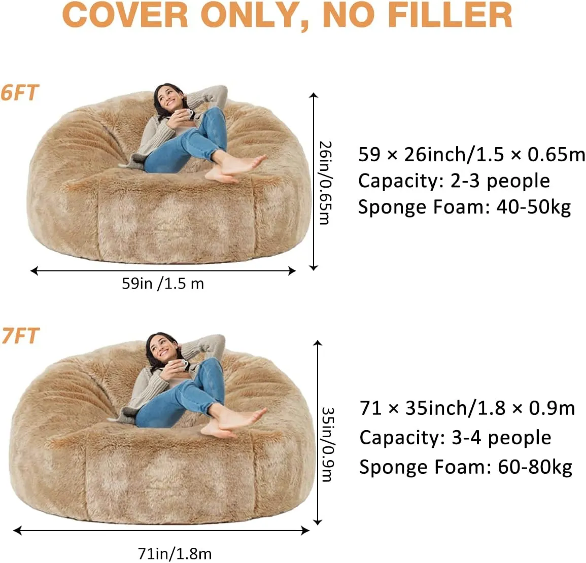 Taotique 6FT Giant Bean Bag Chair Cover (Cover only, No Filler) Soft Faux RH Fur Sofa Bed Washable Bean Bag Couch Cover for Adult and Kids with Liner