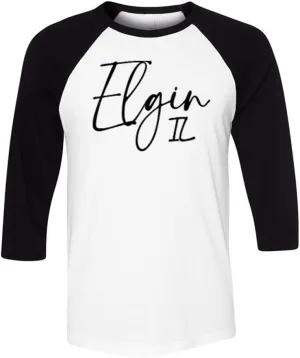 TeesAndTankYou Script Elgin Illinois Three-Quarter Raglan Sleeve Baseball Shirt Unisex