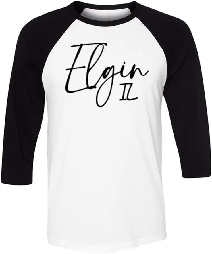 TeesAndTankYou Script Elgin Illinois Three-Quarter Raglan Sleeve Baseball Shirt Unisex