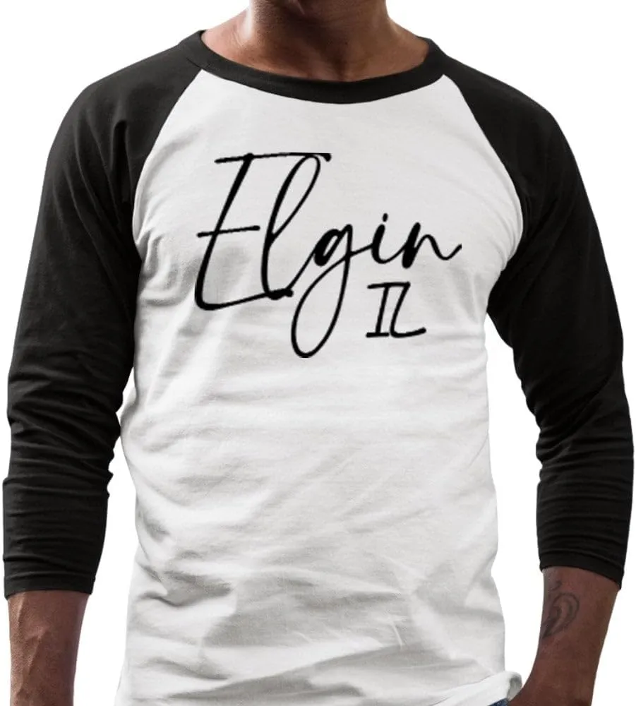 TeesAndTankYou Script Elgin Illinois Three-Quarter Raglan Sleeve Baseball Shirt Unisex