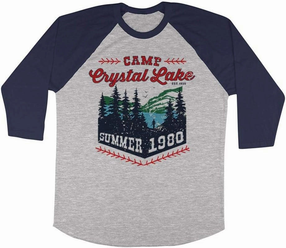 TeesAndTankYou Camp Crystal Lake Three-Quarter Raglan Sleeve Baseball Shirt Unisex