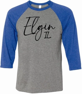 TeesAndTankYou Script Elgin Illinois Three-Quarter Raglan Sleeve Baseball Shirt Unisex