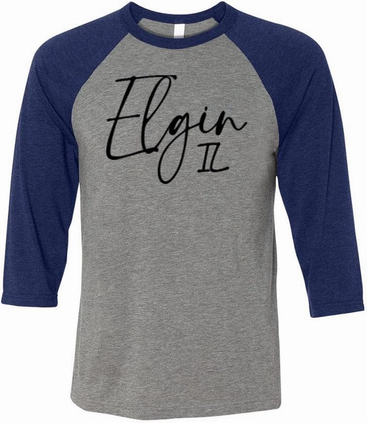 TeesAndTankYou Script Elgin Illinois Three-Quarter Raglan Sleeve Baseball Shirt Unisex