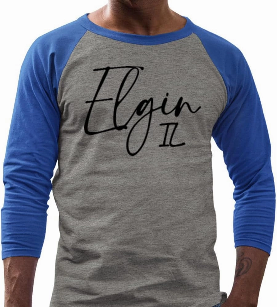 TeesAndTankYou Script Elgin Illinois Three-Quarter Raglan Sleeve Baseball Shirt Unisex