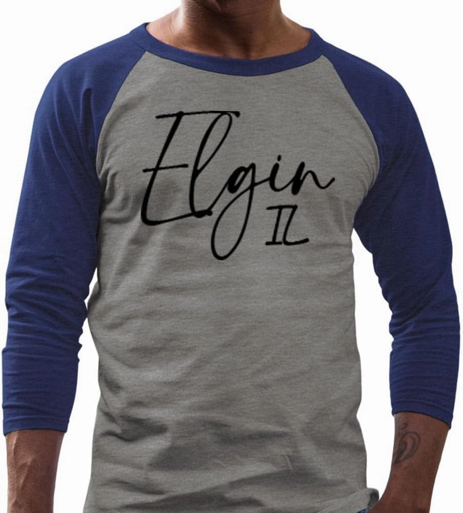 TeesAndTankYou Script Elgin Illinois Three-Quarter Raglan Sleeve Baseball Shirt Unisex