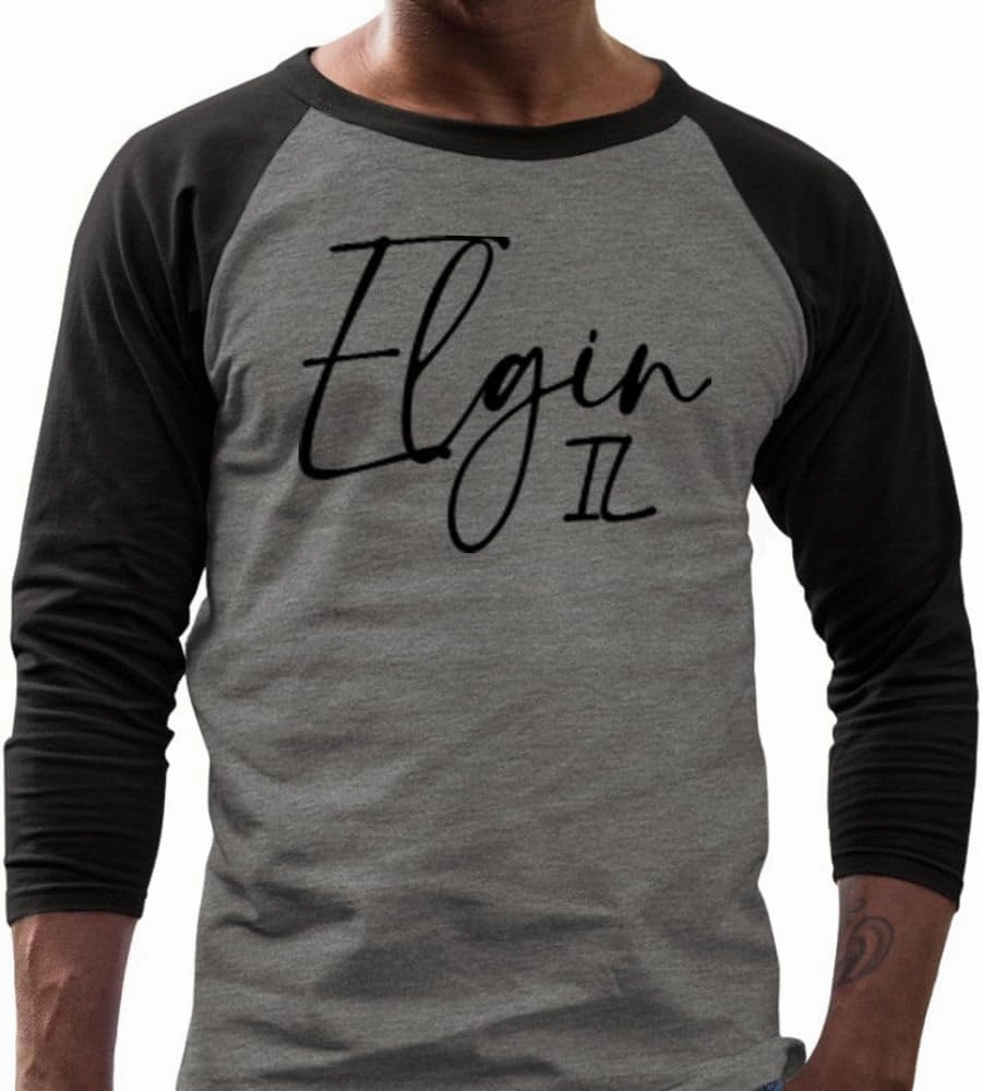 TeesAndTankYou Script Elgin Illinois Three-Quarter Raglan Sleeve Baseball Shirt Unisex