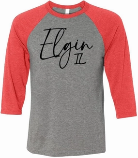 TeesAndTankYou Script Elgin Illinois Three-Quarter Raglan Sleeve Baseball Shirt Unisex