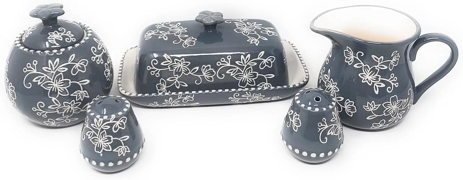 Temp-tations Covered Butter Dish, Sugar Bowl, Creamer/Gravy Pitcher, Salt & Pepper, Table Accessory Set (Floral Lace Gray), Various