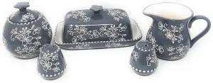 Temp-tations Covered Butter Dish, Sugar Bowl, Creamer/Gravy Pitcher, Salt & Pepper, Table Accessory Set (Floral Lace Gray), Various