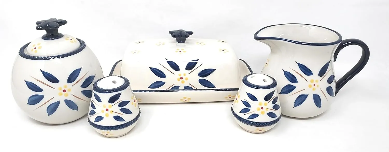 Temp-tations Covered Butter Dish, Sugar Bowl, Creamer/Gravy Pitcher, Salt & Pepper, Table Accessory Set (Old World Blue), Various