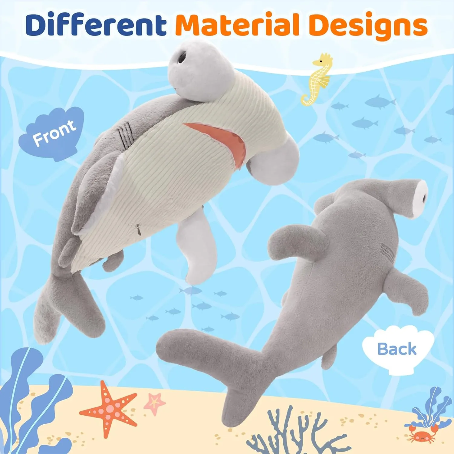 Tezituor 43.3 inch Giant Hammerhead Shark Stuffed Animal, 4ft Large Stuffed Hammerhead Shark Plush Ocean Toys, Gray Shark Plush Pillow for Girls Boys