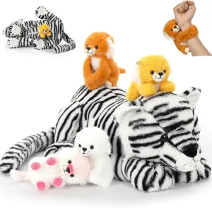Tezituor 5 Pcs White Tiger Stuffed Animals Set, 20 Inch Large Mommy Stuffed Tiger Plush with 4 Babies Toy, Realistic White Tiger Toy Plush Pillow Gift for Kids