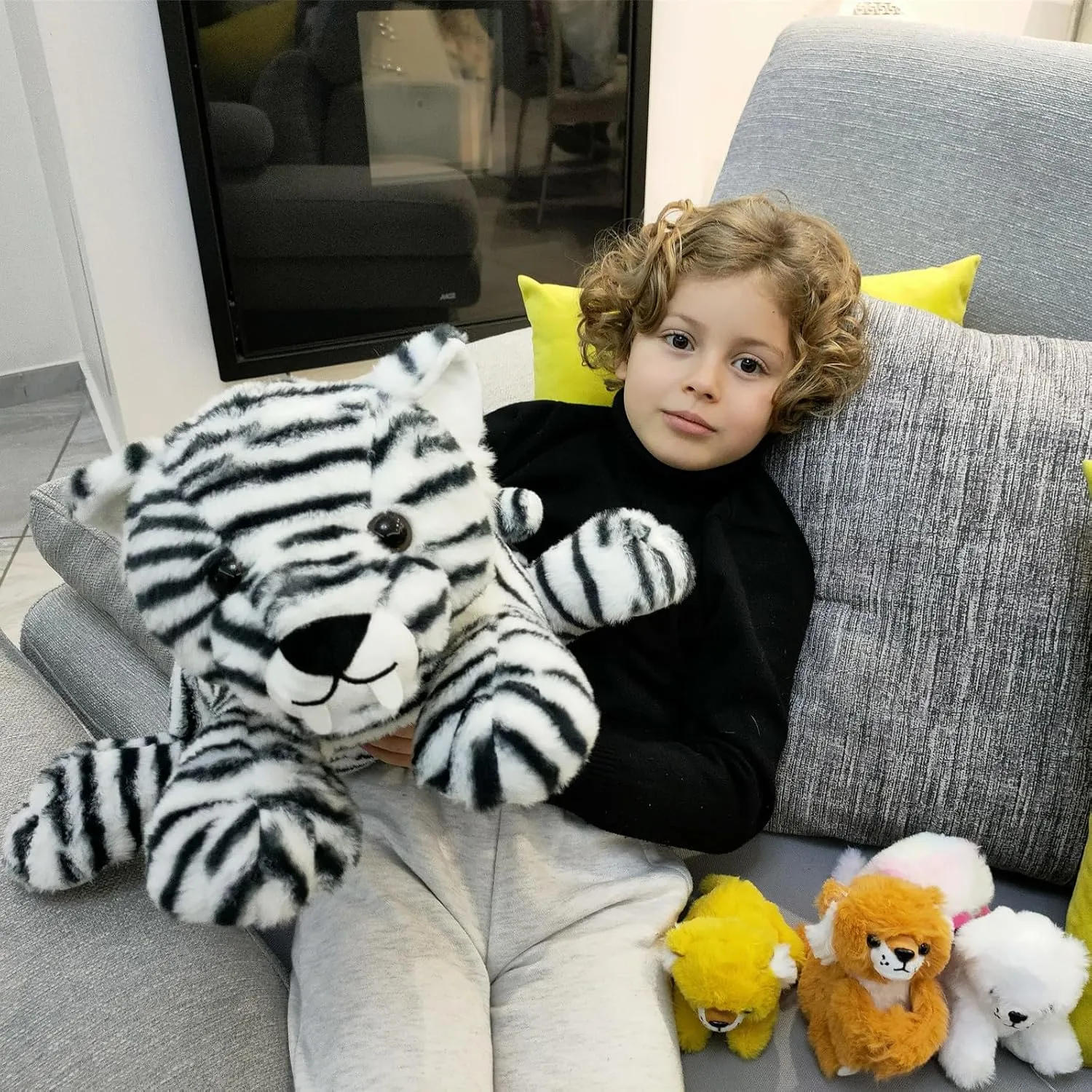 Tezituor 5 Pcs White Tiger Stuffed Animals Set, 20 Inch Large Mommy Stuffed Tiger Plush with 4 Babies Toy, Realistic White Tiger Toy Plush Pillow Gift for Kids