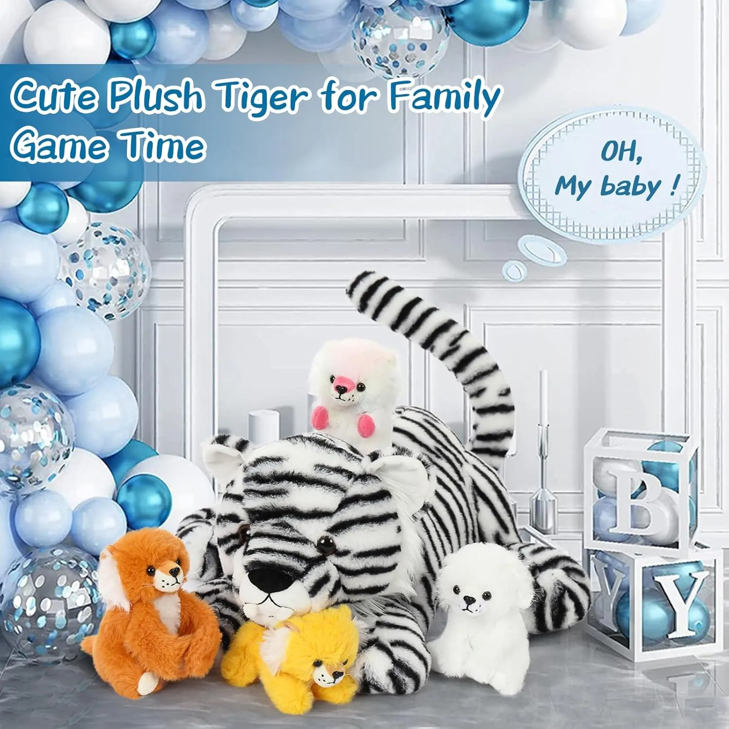 Tezituor 5 Pcs White Tiger Stuffed Animals Set, 20 Inch Large Mommy Stuffed Tiger Plush with 4 Babies Toy, Realistic White Tiger Toy Plush Pillow Gift for Kids