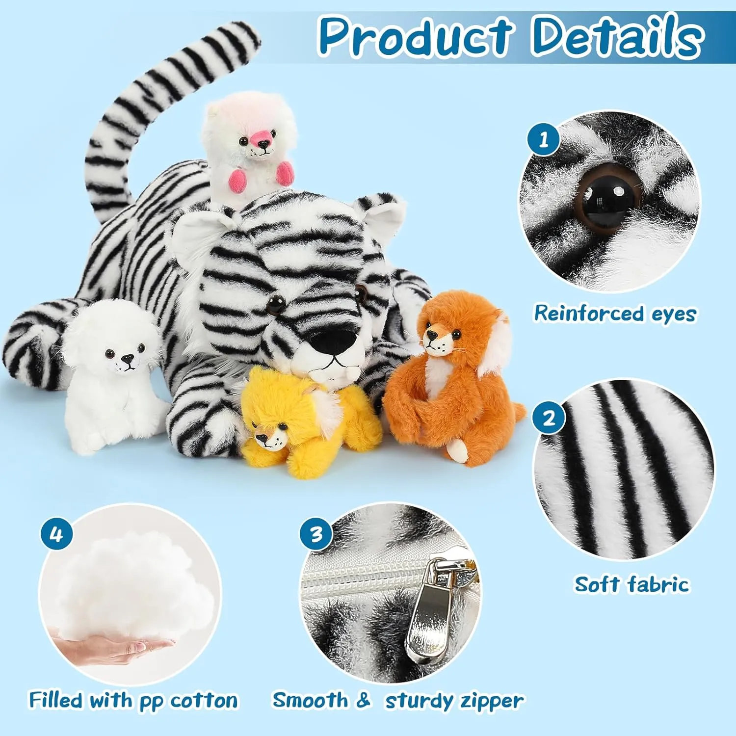Tezituor 5 Pcs White Tiger Stuffed Animals Set, 20 Inch Large Mommy Stuffed Tiger Plush with 4 Babies Toy, Realistic White Tiger Toy Plush Pillow Gift for Kids