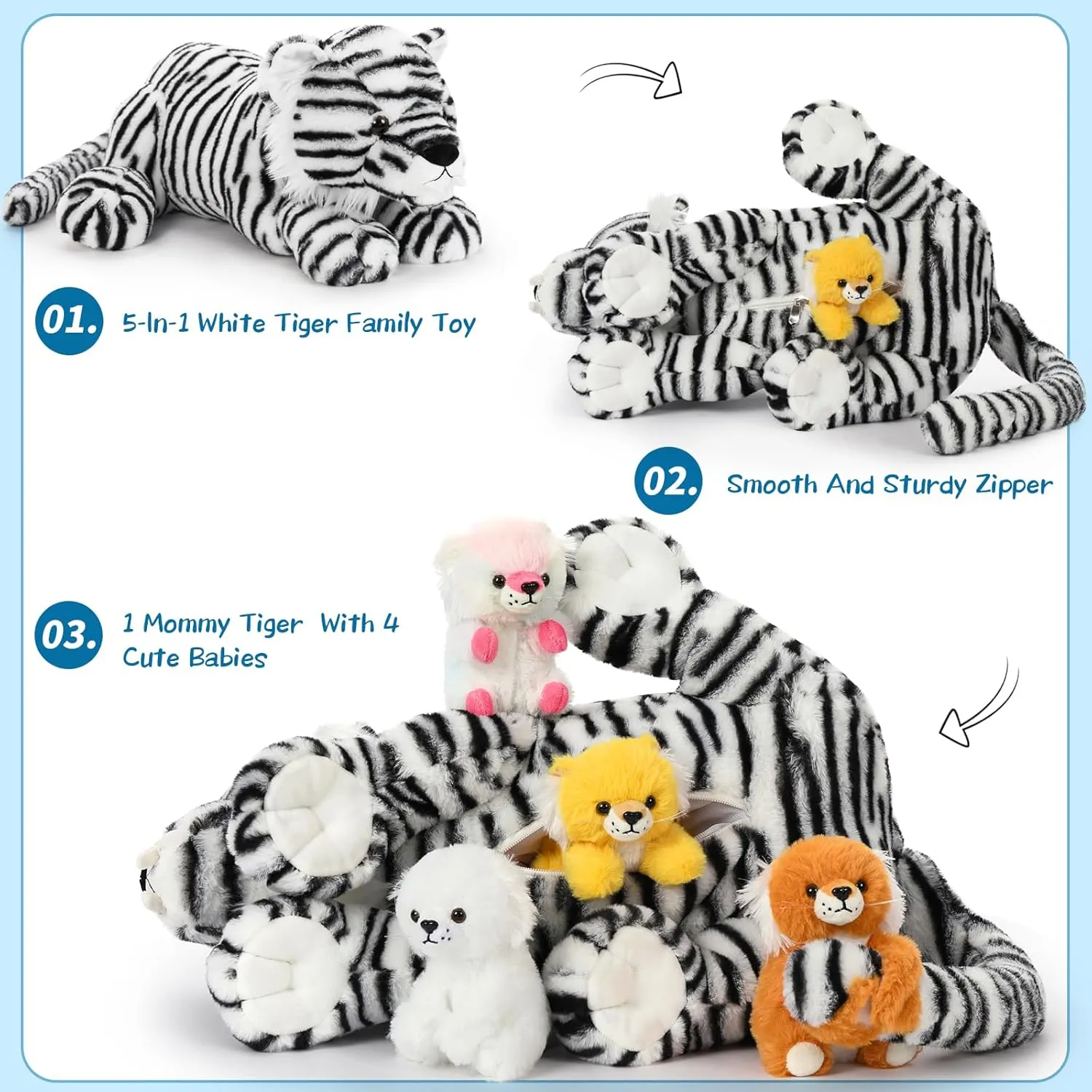 Tezituor 5 Pcs White Tiger Stuffed Animals Set, 20 Inch Large Mommy Stuffed Tiger Plush with 4 Babies Toy, Realistic White Tiger Toy Plush Pillow Gift for Kids