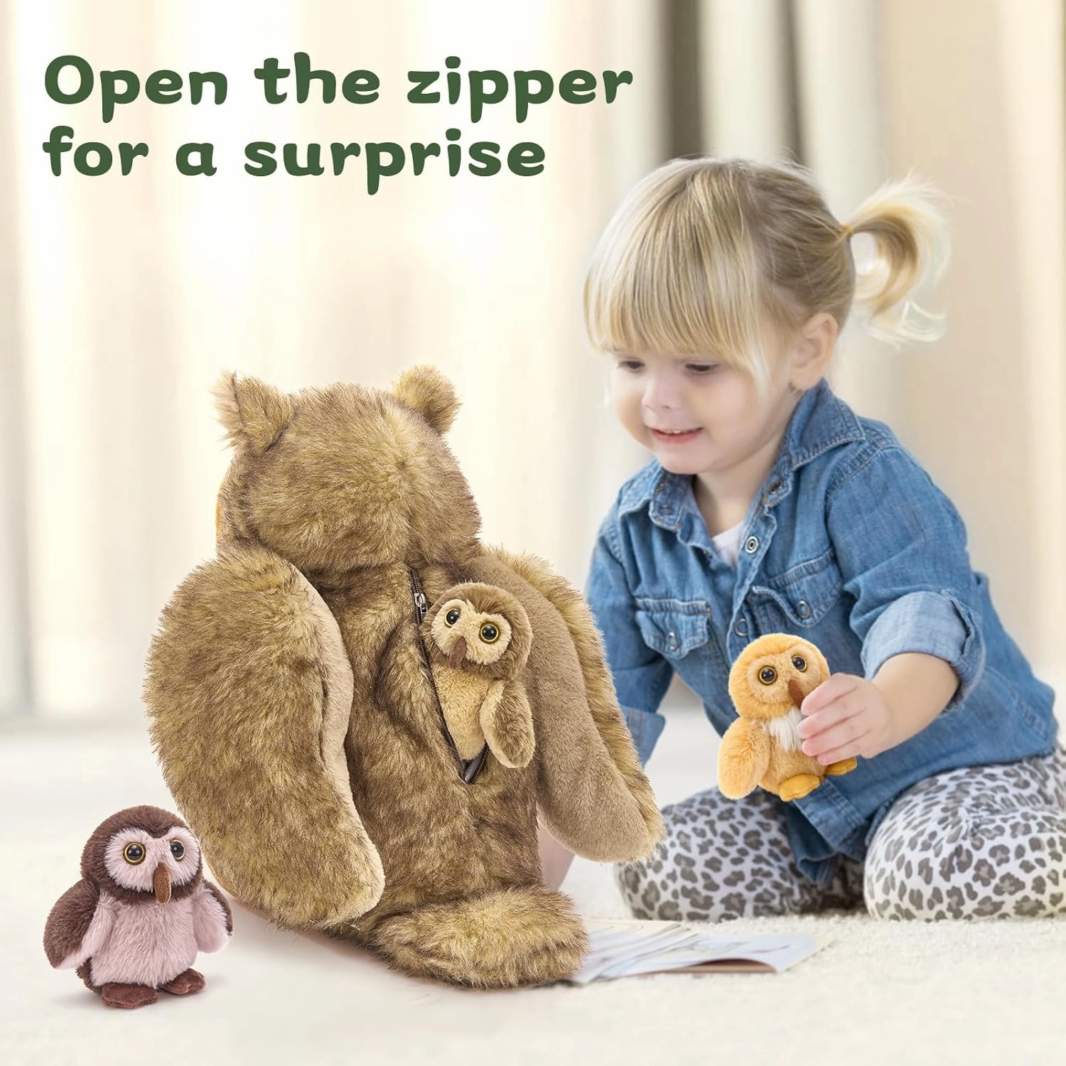 Tezituor 4-in-1 Owl Stuffed Animals Set, 20 Inch Large Mommy Stuffed Owl Plush with 3 Babies Toy, Soft Owl Plush Pillow for Girls Boys