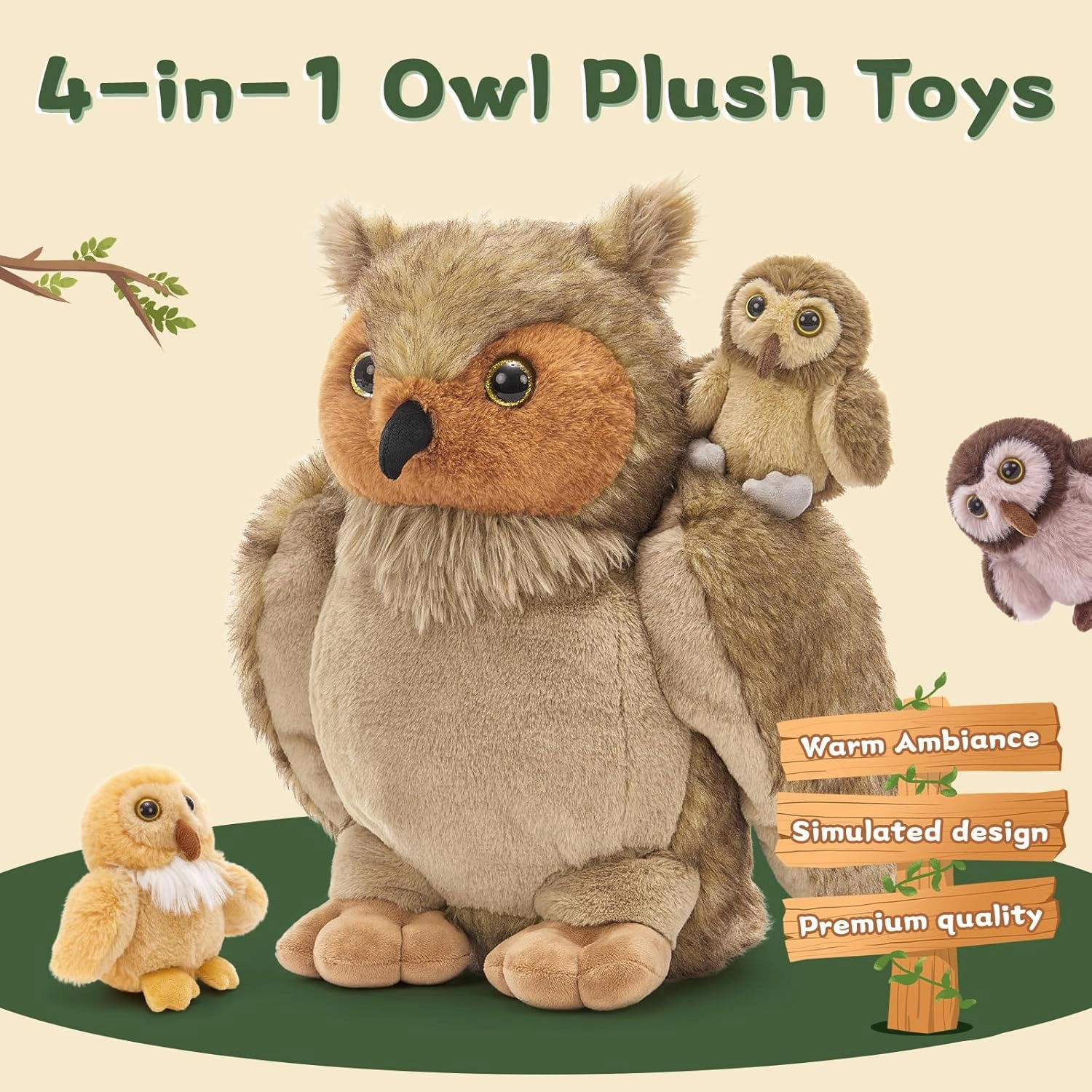 Tezituor 4-in-1 Owl Stuffed Animals Set, 20 Inch Large Mommy Stuffed Owl Plush with 3 Babies Toy, Soft Owl Plush Pillow for Girls Boys