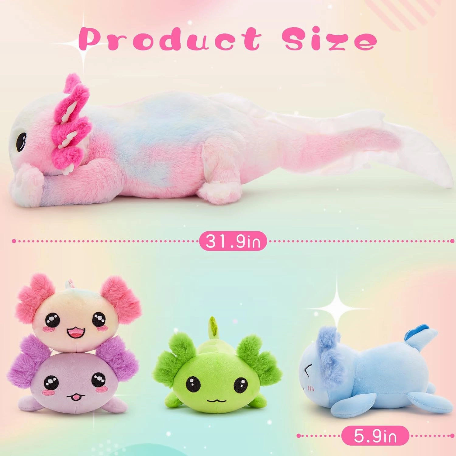 Tezituor Axolotl Stuffed Animal Glow in The Dark for Kids,31.5" Huggable Soft Salamander Plush Pillow Toy with 4 Babies Kawaii Axolotl Plushies for Birthday Gifts,Rainbow